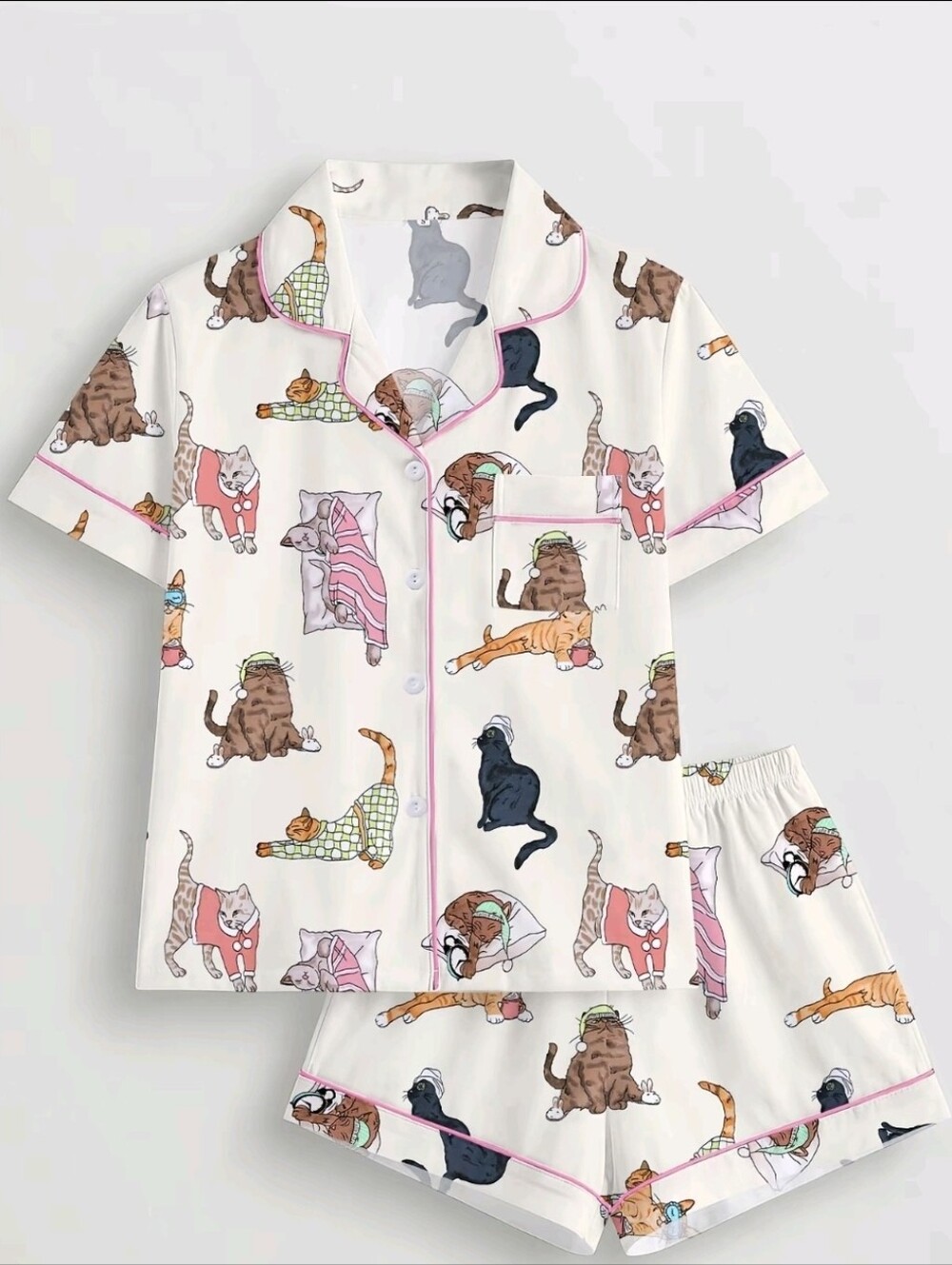 Women's 2X Cat Print PJ's Set - Button Front Top & Shorts